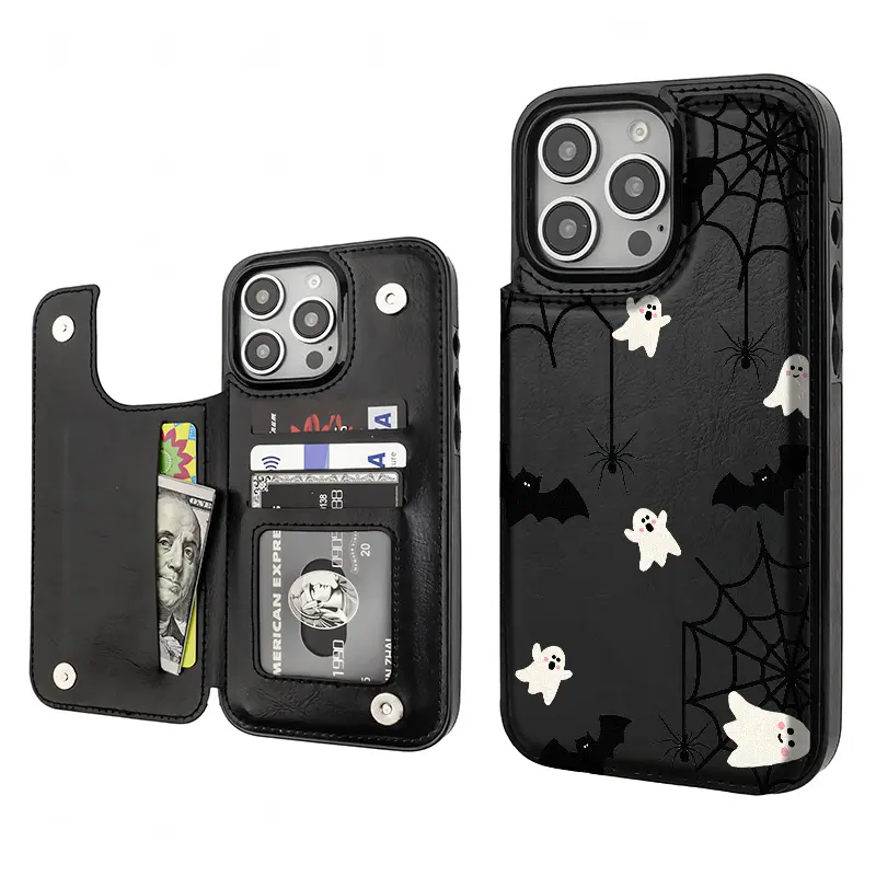 Halloween Ghost Bat Aesthetics Pattern Phone Cases Compatible For With iphone 17 16 15 14 13 12 PRO PLUS MAX Air PU Black Brown Pink Durable Flip High quality Leather Credit Card Bag Holder Gift Wallet Shockproof Anti-Drop Full Protection Phone Cases Shel