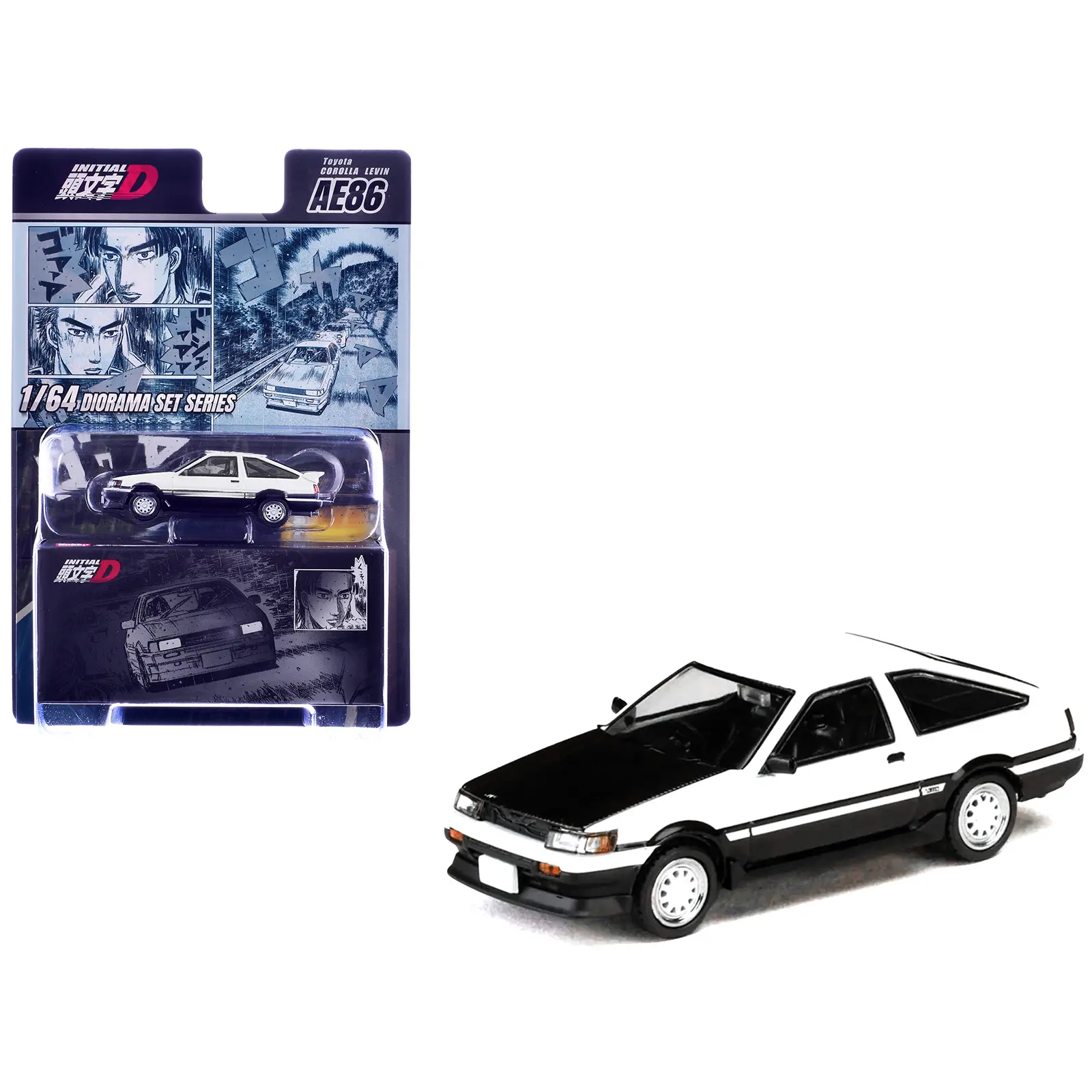 Toyota Corolla Levin (AE86) White with Carbon Hood "Initial D" (1995-2013) Manga 1/64 Diecast Model Car by Hobby Japan