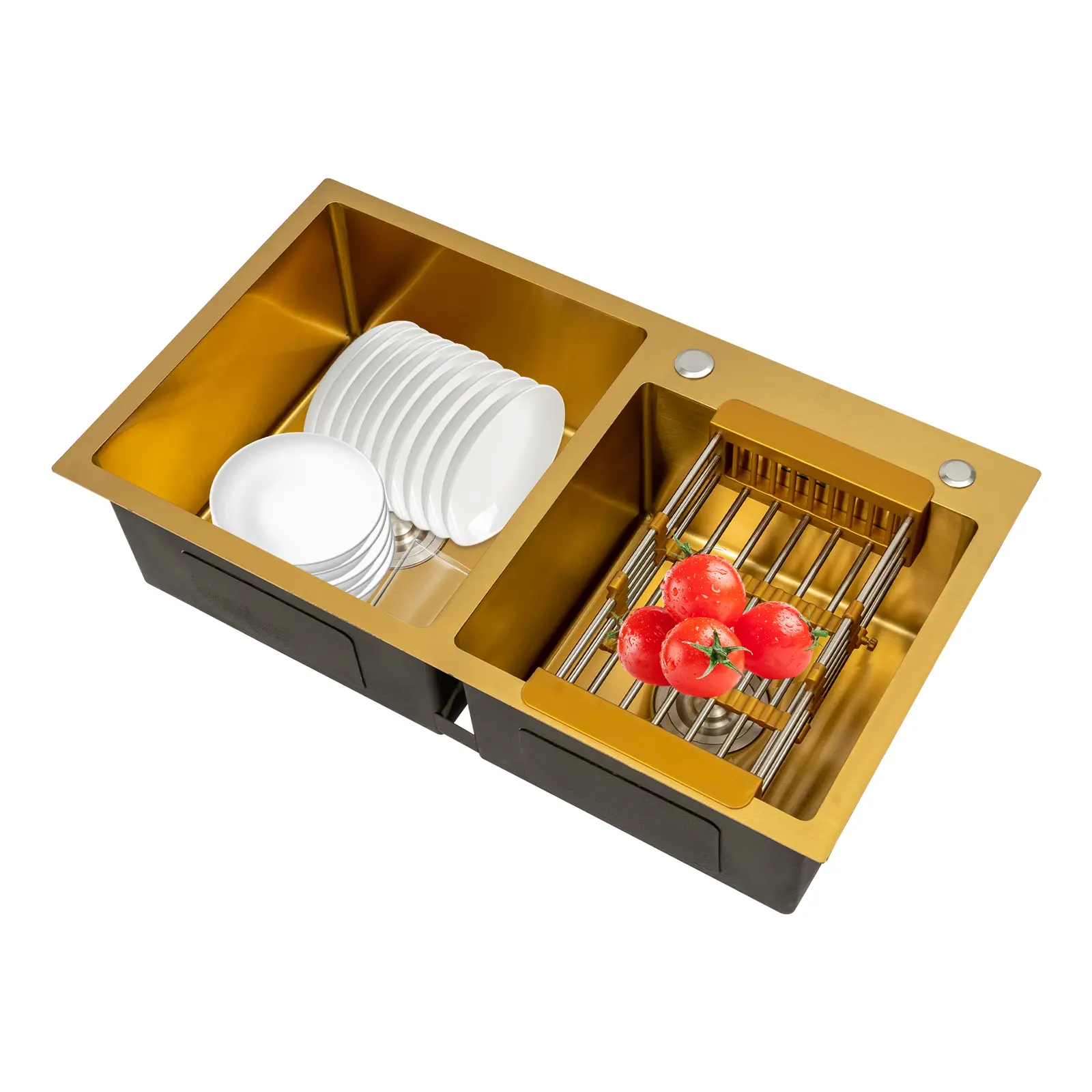 304 Stainless Steel Modern Mount Kitchen Sink, Gold Nano-Coating, Double Bowl, Topmount-Undermount-Flushmount Installation, 90kg Load Capacity, Easy-to-Clean Home Care Supply