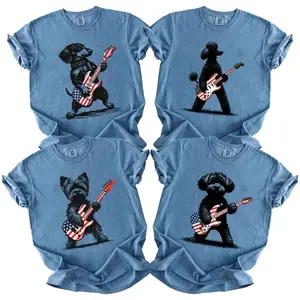Puppy Love Dog Rock Funny Dog Playing Guitar Rock Style T-shirt Showcasing 50 dog breeds in 4th of July Graphic Blue Jean Comfort Color, Cute Puppy Independence Day Shirt for Dog Lovers - KitchenEra