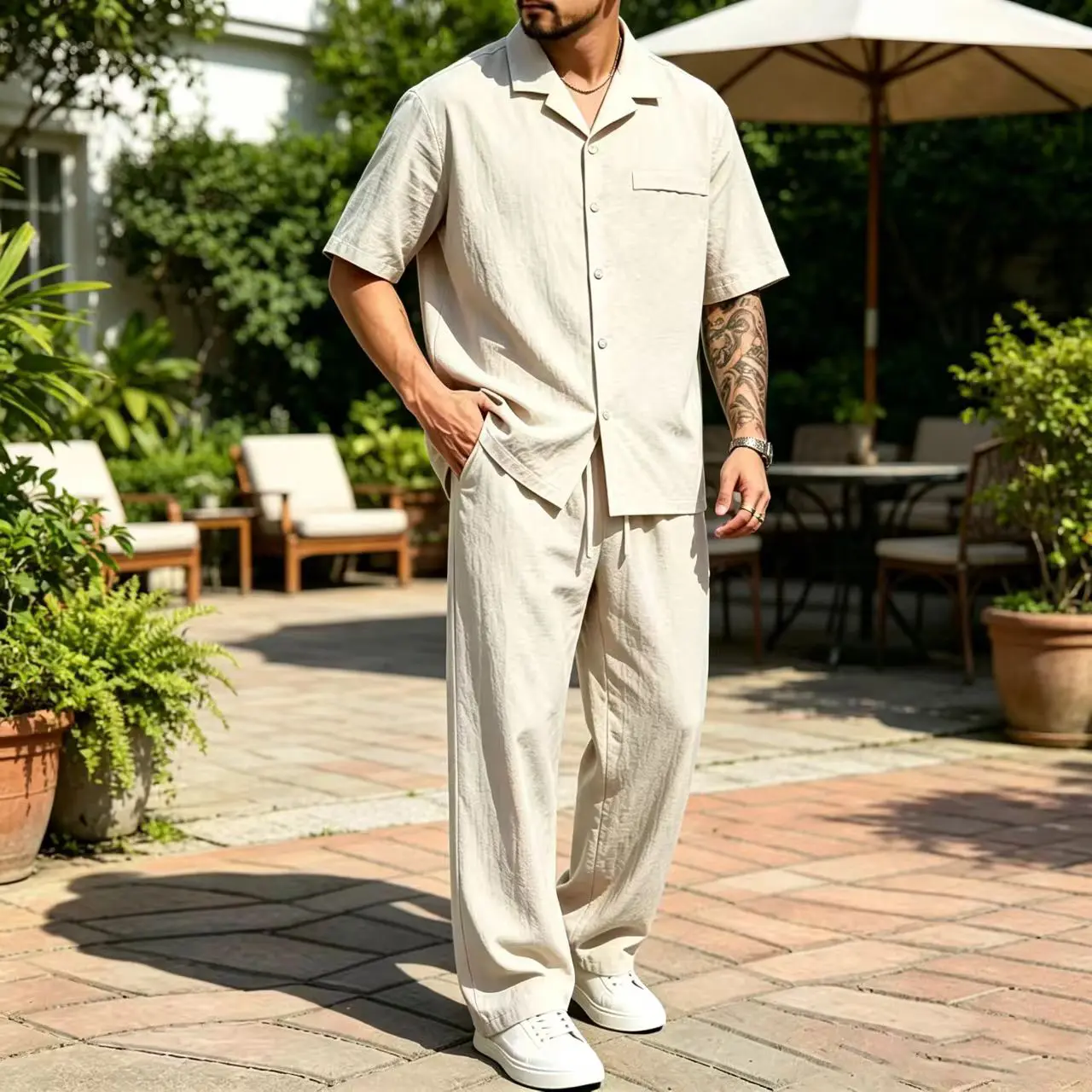 Men's Linen-Tencel Blend Mock Neck Short-Sleeve Casual Plain Clothes Set - Cool and Smooth, Breathable, Sweat-Resistant, Easy-Care Polyamide-Infused Menswear for Summer Daily Wear