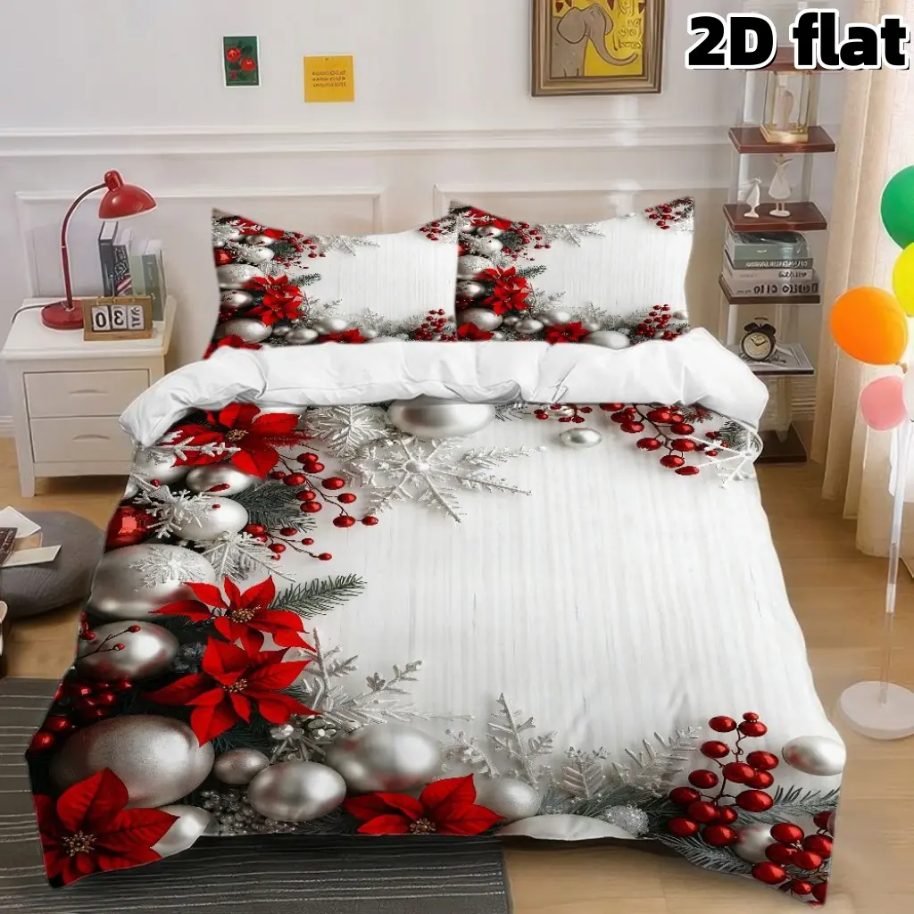 2D Flat 3Pcs Christmas Theme Bedding Set Red Poinsettia Silver Ornaments Duvet Cover Winter Holiday Decor Microfiber Bedding with Pillowcases Snowflake Pattern White Background Bedroom Decoration Christmas Gift Decorative Bedsheet Sets