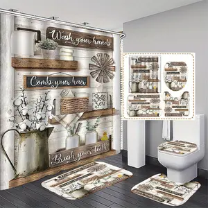 Farmhouse Style Bathroom Accessories, 1 Set Shower Curtain & Toilet U-shape Mat & Rectangular Mat & Toilet Lid Pad, Shower Curtain Sets, Bathroom Decorative Supplies