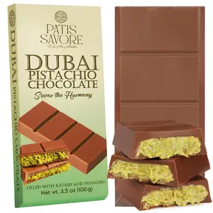 Patis Savore Dubai Chocolate Bar Pistachio - 3.5 oz Dessert with Pistachio Cream & Kataifi Filling | Gourmet Chocolate | Elegant Gift