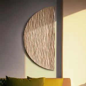 Carved Wooden Wall Art – Modern Half-Circle Solid Wood Sculpture with Textured Wave Design for Contemporary and Minimalist Decor