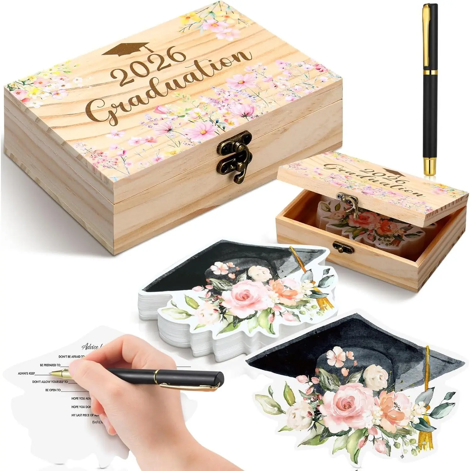 Resurhang Rose Print Wood & Paper Graduation Card Box with 60 Pink Floral Wish Cards, Pen - 2026 Spring Grad Party Decor, Class of 2026 Gifts for High School & College Graduates, Rectangular