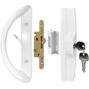 Patio Sliding Door Handle Set with Mortise Lock, Key Cylinder and Keeper, Keyed Replacement Handle Lock Fits 1-1/2'' to 1-3/4'' Thick Door, 3-15/16'' Screw Hole Spacing, White