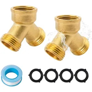 3/4 Inch GHT Y Valve, 2 Way Brass Splitter, 3/4'' GHT Bib Splitters, Brass Y Valves with 4 Washers, 1 Sealing Tape (2-Pack)