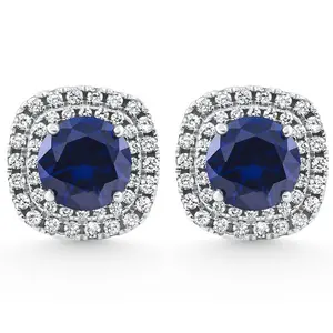 2.65Ct Cushion Halo Blue Sapphire Diamond Studs 14k White Gold Earring Lab Grown