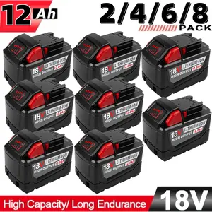 18V 12000mAh battery suitable for Milwaukee M-18, models including 12.0Ah 48-11-1850, 48-11-1840, 48-11-1815, 48-11-1820, 48-11-1852, 48-11-1828, and 48-11-1822, cordless power tool with LED indicator light.