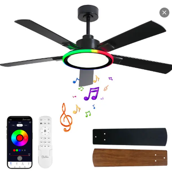 BAYSQUIRREL 52" Indoor Ceiling Fan with Light Combo - LED Panel, RGB Multifunctional Ambient Lights, Bluetooth 5.0 Audio, 6-Speed Reversible Motor, 360° Room Glow, Adjustable Brightness, Bulb Included, Auto Shut-Off Smart Solution, Fan for Bedroom