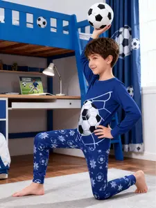 Boys' Junior 2-Piece Cool Football Pattern Sleepwear Set, Spring & Fall Thin Round Neck Long Sleeve Pajamas, Casual Fitted Home Wear, Print Sleepwear, Pajama Lounge Sets