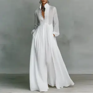 Elegant Boho Maxi Shirt Dress for Women Long Sleeve Button Down Flowing Pleated High Waist Loose Fit Resort Vacation Dress Spring Summer 2026 Trend Breathable Fabric - Beach, Casual Lightweight