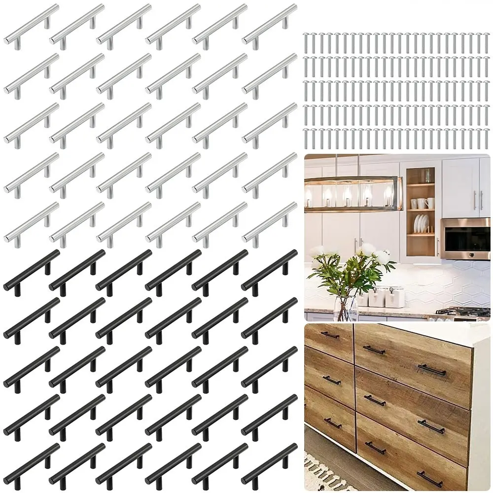30Pack 5'' T-Bar Style Cabinet Pulls Brushed Nickel Stainless Steel Kitchen Drawer Pulls 3" Hole Center 128mm Length 12mm Diameter Package Included Screw Size