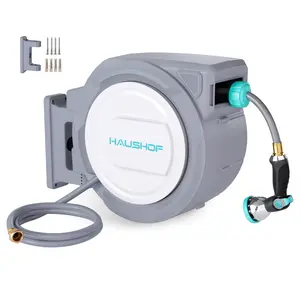 #Summervibes HAUSHOF Retractable Garden Hose Reel 1/2” x 130 ft, Auto-Lock at Any Length, Slow Return System, Wall Mounted and 180° Swivel Bracket for Outside Water