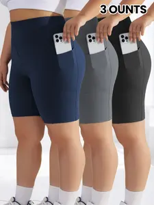 Women's High-Waisted Tight-Fitting Soft Stretch Summer Sports Shorts Set, Comfortable Fashion Sportswear, Perfect for Casual Wear, 3-Piece Plus Size Pocket Five-Quarter Pants