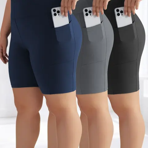 Women's High-Waisted Tight-Fitting Soft Stretch Summer Sports Casual Sporty Shorts Set, Comfortable Fashion Sportswear, Perfect for Casual Wear, 3-Piece Plus Size Pocket Five-Quarter Pants, Fashionable Summer Shorts