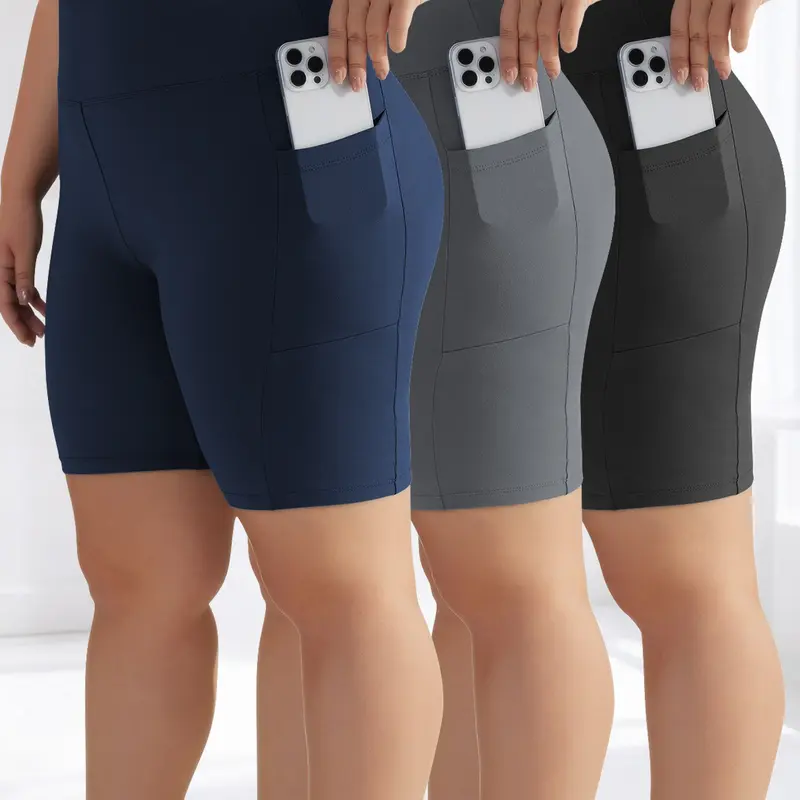 Women's High-Waisted Tight-Fitting Soft Stretch Summer Sports Casual Sporty Shorts Set, Comfortable Fashion Sportswear, Perfect for Casual Wear, 3-Piece Plus Size Pocket Five-Quarter Pants, Fashionable Summer Shorts