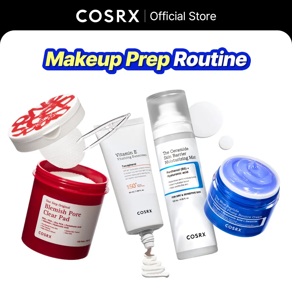 [COSRX Official] Radiance-Boosting Skincare Prep Kit - Blemish Toner Pad, Vitamin E Sunscreen, Ceramide Mist, Copper Peptide Serum, Smooth