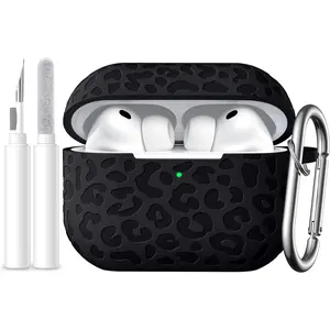 Leopard Engraved AirPods Pro 3 Case Cover 2025 Soft Silicone for Women Cute Podspro3 Case with Keychain Cleaning Kit Black