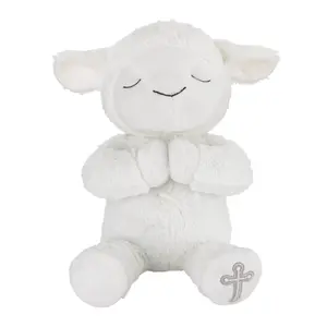 White Plush Lamb with Praying Hands and Embroidered Cross for Baptism or Christening Gift