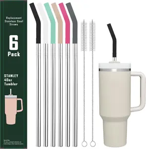 6 Pack 12 Inch  Metal Stainless Steel Straight Straw,with 6Silicone Tips and 2Cleaning Brush for  32,40oz Tumbler,40oz , 24 oz  Cup(8mm )