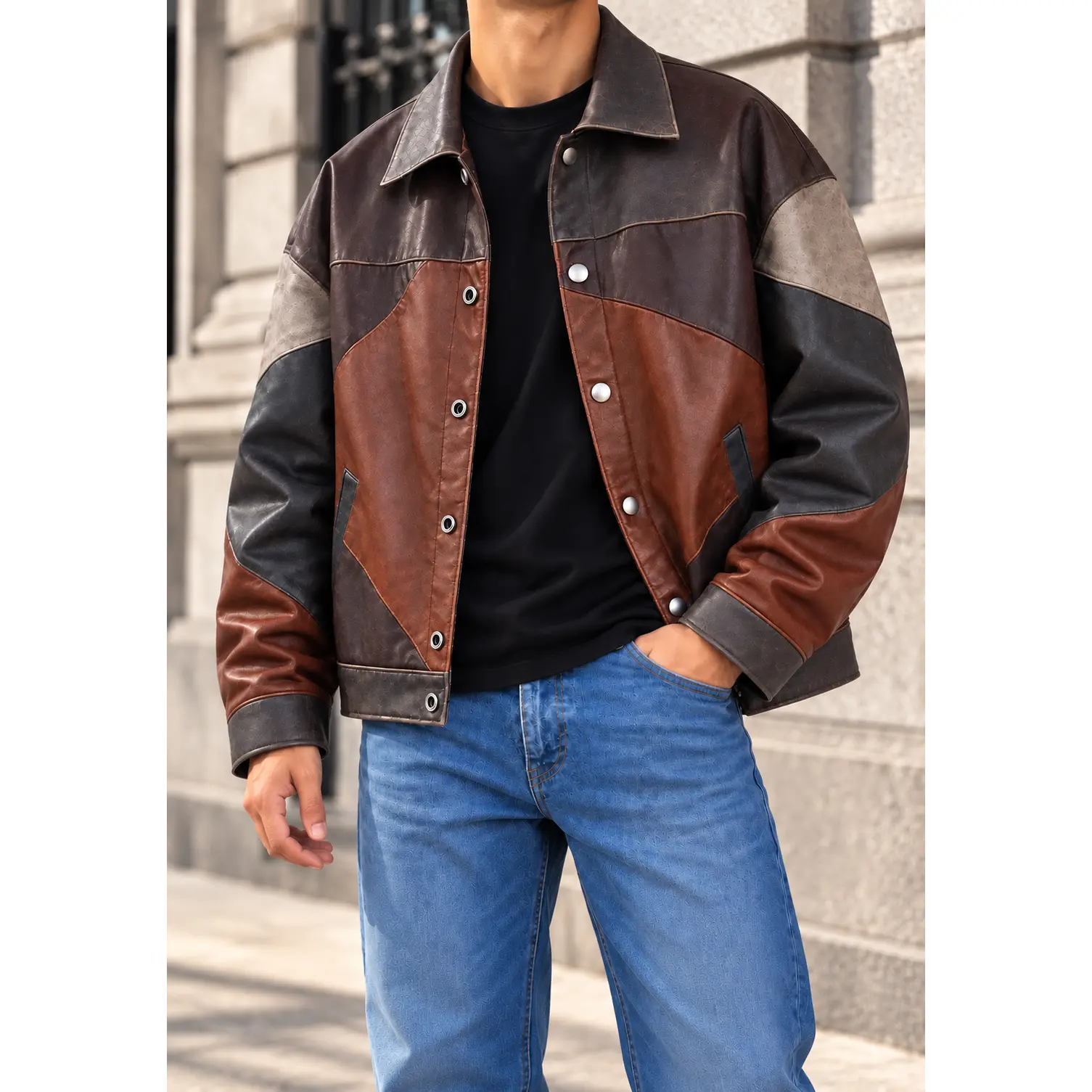 Men's Oversized Patchwork Genuine Leather Jacket| Vintage Distressed Brown Multi-Tone Biker Jacket Cosplay Coat Smooth