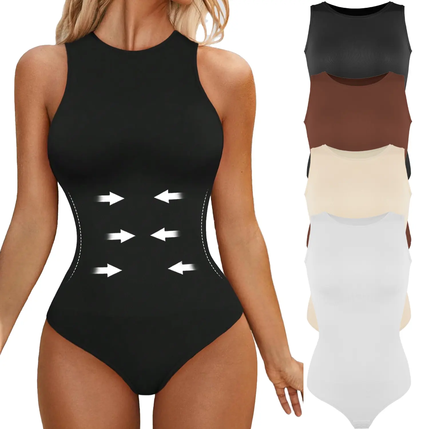 Women's Bodysuit with Built-In Tummy Control Shapewear - Elastic Blend Solid Knit Sleeveless Racerback High Neck Compression Tank, Casual Belly Hiding Thong Underwear, Built In Shapewear, Bodysuit For Women, Belly Hiding Shapewear Bodysuit
