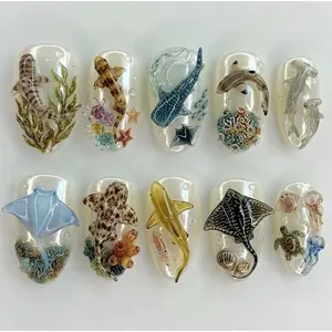 Ocean Life Press On Nails, 3D Marine Animal Nail Set, Whale Shark Dolphin Stingray Nails, Sea Creature Handmade Nails