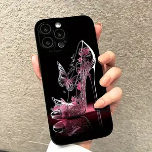 Pink butterfly high-heeled shoe glass pattern, anti-drop and anti-slip TPU full-coverage lens phone case, suitable for iPhone 17, 16, 15, 14, 13, 12, 11, XS, X, Samsung and other series models. Can be given as a gift to friends or family.