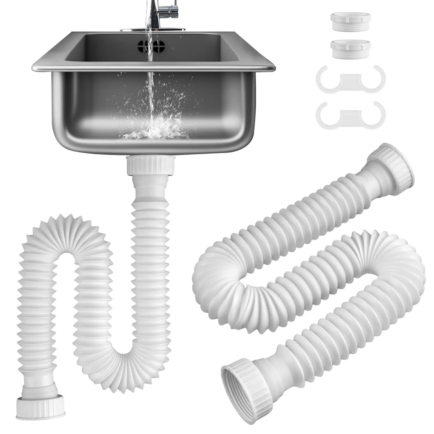 Hibbent 2-Pack Corrugated Polypropylene Clean P-Trap Pipe, 1.5" Adjustable Flexible Indoor Tube (11"-34.5" Expandable) with 4 Rubber Sealing Rings, 1.25" Adapter, White for 1-1/2" Kitchen Sink Drain Systems, Drainage