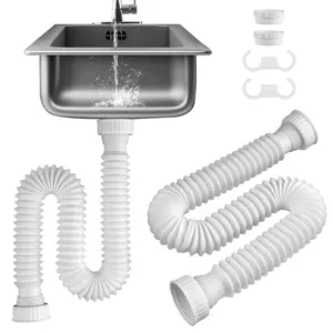 Hibbent 2 Pack 1-1/2" P-Trap Pipe, Flexible Sink Drain Pipe with 4 Rubber Sealing Rings, Expandable Drain Tube 11"-34.5" P Trap Tubing for Kitchen, Bathroom, Garbage Disposal, 1-1/4" Adapter, White