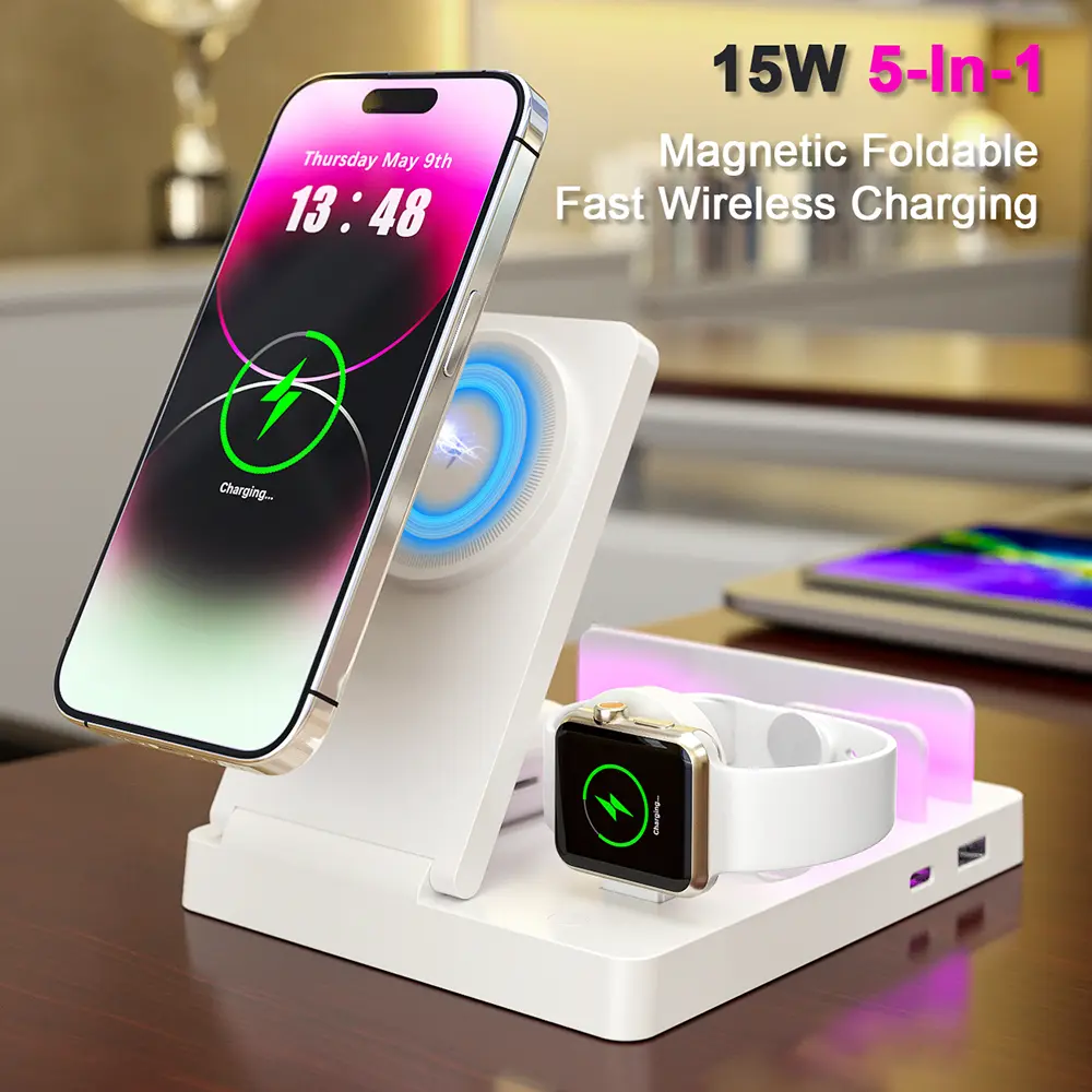4-in-1 Magnetic Wireless Charging Station, 15W Fast Wireless Charger for iPhone, Apple Watch & AirPods, MagSafe Compatible Foldable Charging Stand with LED Night Light