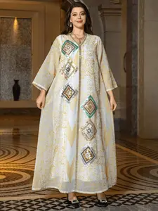 Gold Line Printed Rhombic Sequin Embroidered Unique Pattern Dress, Loose Fit Plus Size Elegant Abaya, Luxurious Slimming Women's Clothing