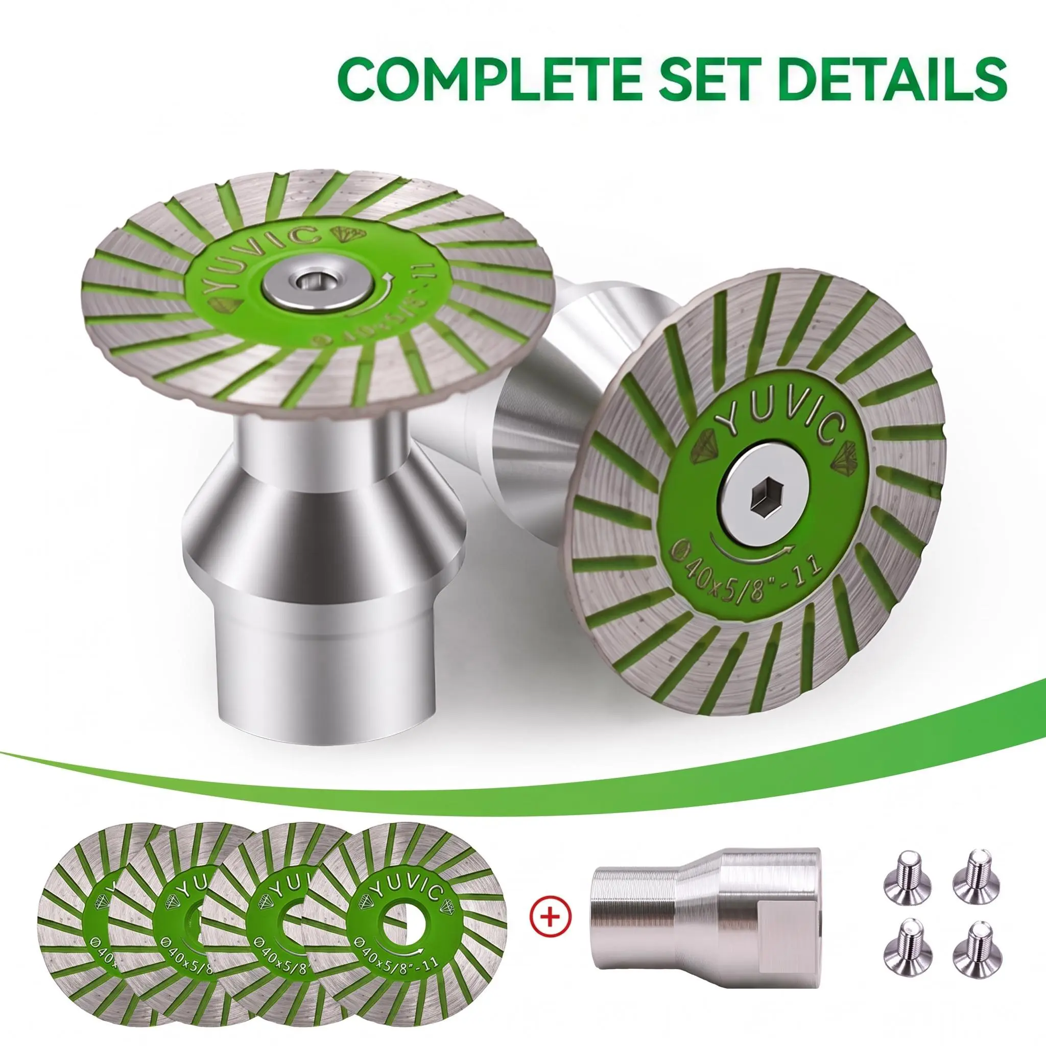 YUVIC 5pcs 40mm Steel/Diamond Saw Blade Pack, Professional Interchangeable Angle Grinder Blades with Anti-Rust Coating, Flanged Mount, Heavy-Duty Core & L-Wrench Bonus for Stone Carving, Masonry Surfaces, Interchangeable Blades, Stone Cutting