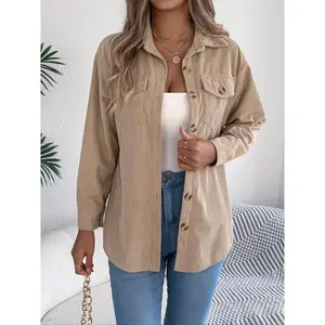 Women's Solid Button Front Corduroy Jacket, Casual Drop Shoulder?Long-sleeved?Outerwear for Fall & Winter, Ladies Clothes for Daily Wear