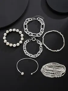 Women's Bracelet Set Chunky Wide Flower Beaded Chain Bangles Jewelry Gift for Girlfriend Mom Daily Date Vacation Party Stackable Bracelet Alloy Chain Bracelet Fashionable Chunky Bangles Fashionable Bracelet Style