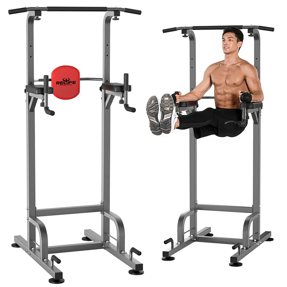 RELIFESPORTS Power Tower Pull Up Bar - Heavy-Duty Dip Station, 10-Level Adjustable Height Home Workout Equipment for Core, Arm & Shoulder Strength Training, Multipurpose Exercise Machine