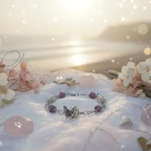 Pink Rhodonite and white Riverstone Wire wrapped stones- beaded bracelet butterfly charm