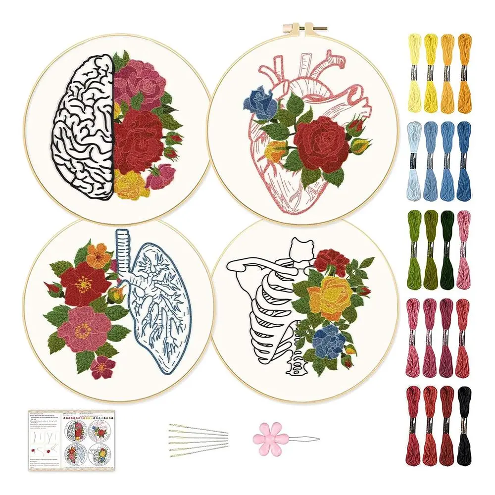 Heart & Flower Pattern Embroidery Kit, Cross Stitch Kit, 4 Counts/set Embroidery Kit with Random Color Tools, DIY Embroidery Crafts Kit for Home Decoration, Needle Crafts Kit, Embroidery Design Set, Embroidery Supplies, Diy Kits