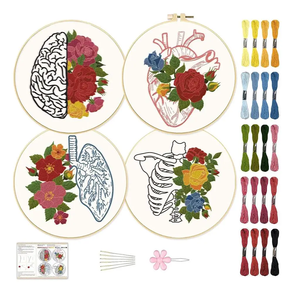 Heart & Flower Pattern Embroidery Kit, 4 Counts/set Embroidery Kit with Random Color Tools, DIY Embroidery Crafts Kit for Home Decoration