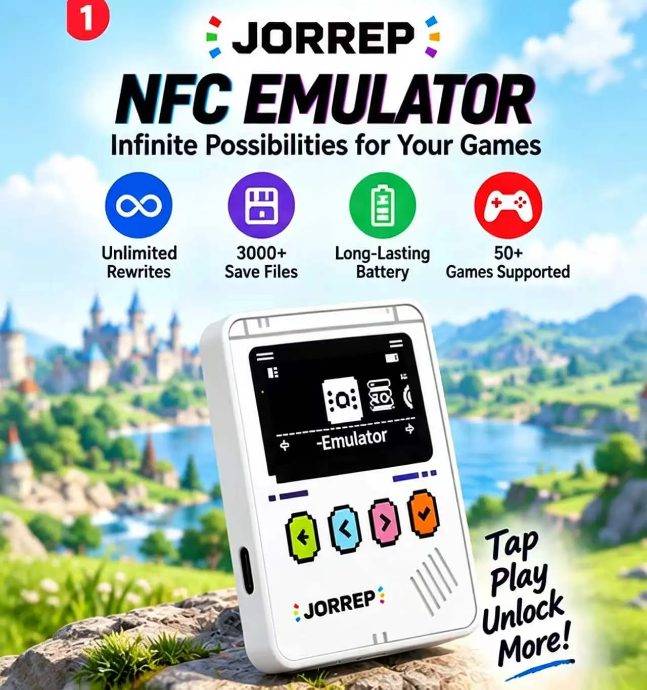 JORREP Pro Durable NFC Emulator - Cool Tech Gadget, Tools and Gadgets for Gamers, 3000+ Saves, Unlimited Rewrites, Auto UID Gen, Rechargeable Battery, 1.4" OLED Screen, Compatible with 50+ Switch 1 & 2 Games (White), Fire Emblem, Smash Bros