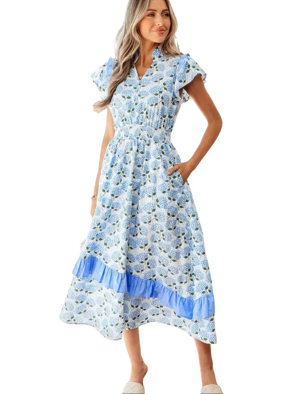 PHEFEE Women's Sky Blue Floral Hydrangea Print Maxi Dress Flutter Ruffle Sleeve High Waist Tiered Ruffle Hem Summer Beach Vacation Sundress