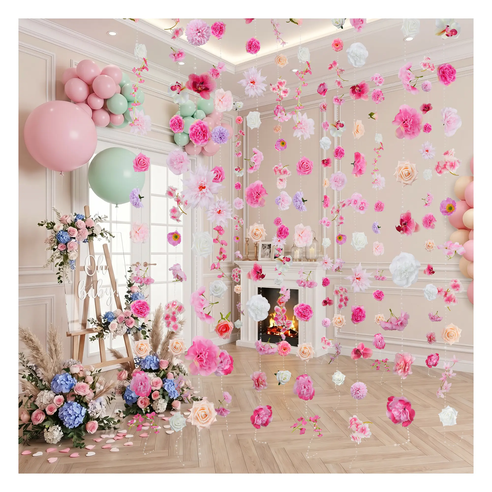Pink Silky Rose Flower Vine Garland (6/12 Pack, 8FT Each, 48/96FT Total) - No Drill 5 Sec Install, Shabby Chic Coquette Girly House Accessory for Wedding, Outdoor Garden & Home Decor