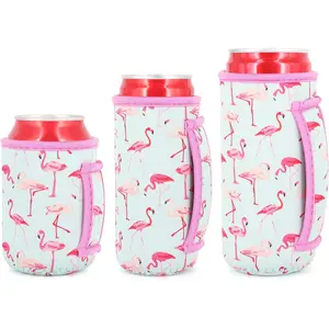3 Pack  Neoprene Insulated Can Sleeve with Handle for Soda, Energy drink, Pop, , Hard Seltzer, Can Coosies For 12oz & 16oz Can, 12oz Slim can (Flamingo)