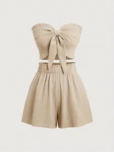 Women's Casual Two-Piece Matching Set for Beach Dates, Romantic Cropped Top and Fitted Shorts, Relaxed Fit with Off-Shoulder Design, Woven, Womenswear