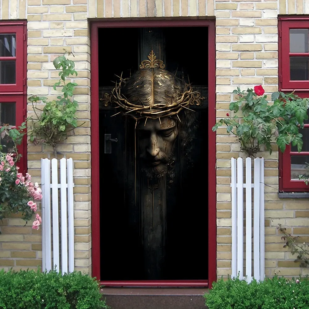 2pcs   Religious Theme Decorative Wall Sticker Jesus Crown of Thorns Cross Pattern Living Room Bedroom Wall Art Decal Self Adhesive Removable Home Decor MuralReligious Theme Decorative Wall Sticker Je