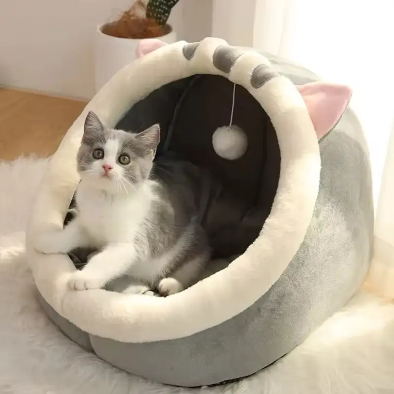 Cozy Plush Cat Cave Bed - Animal Pet House Foldable Portable Washable Donut Cat Bed for Indoor Cats Kittens Small Dogs