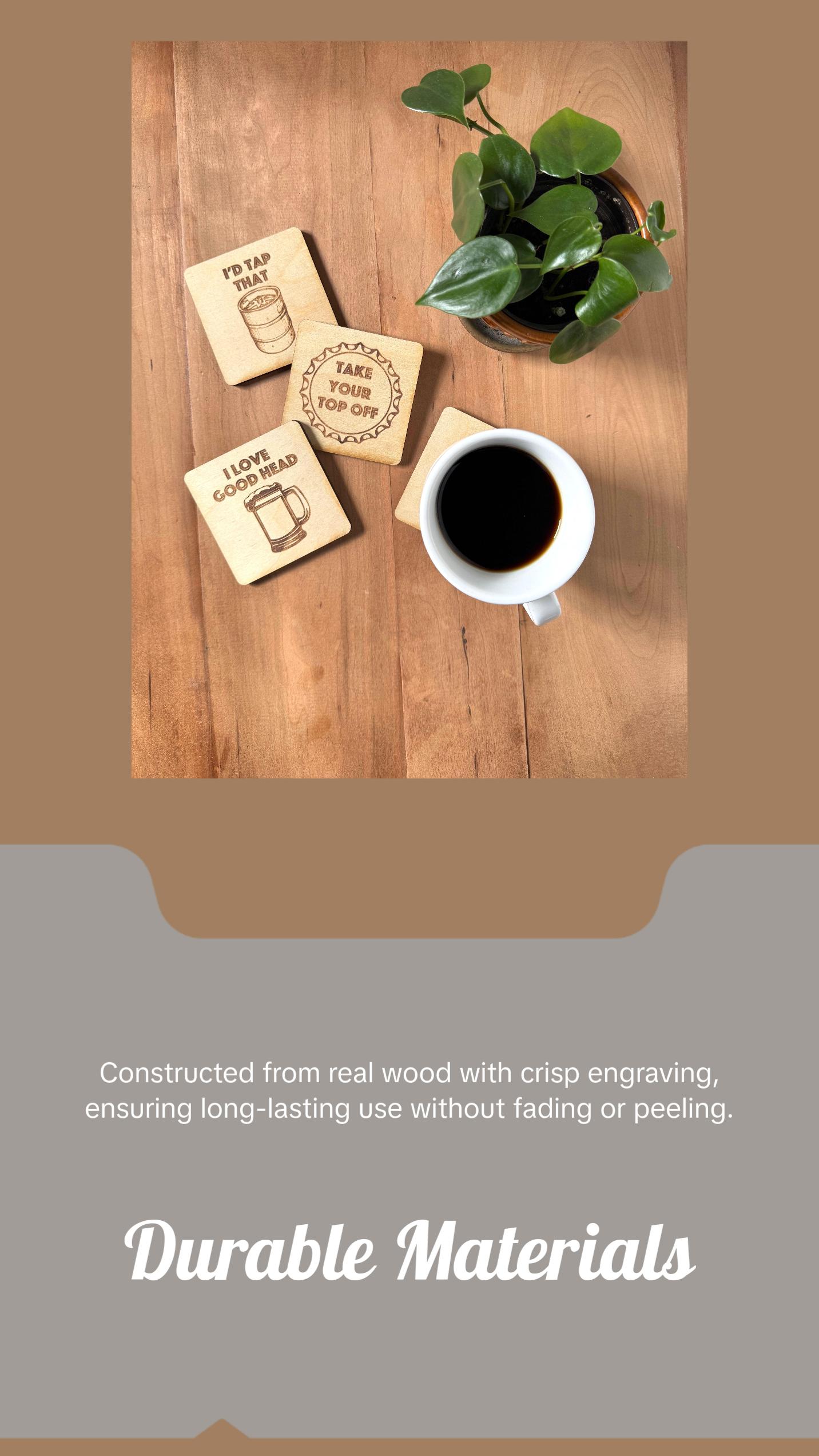 Beer Coasters | Set of 4  | Laser Engraved Real Wood Drink Coaster with Cork Backing - Housewarming Gift