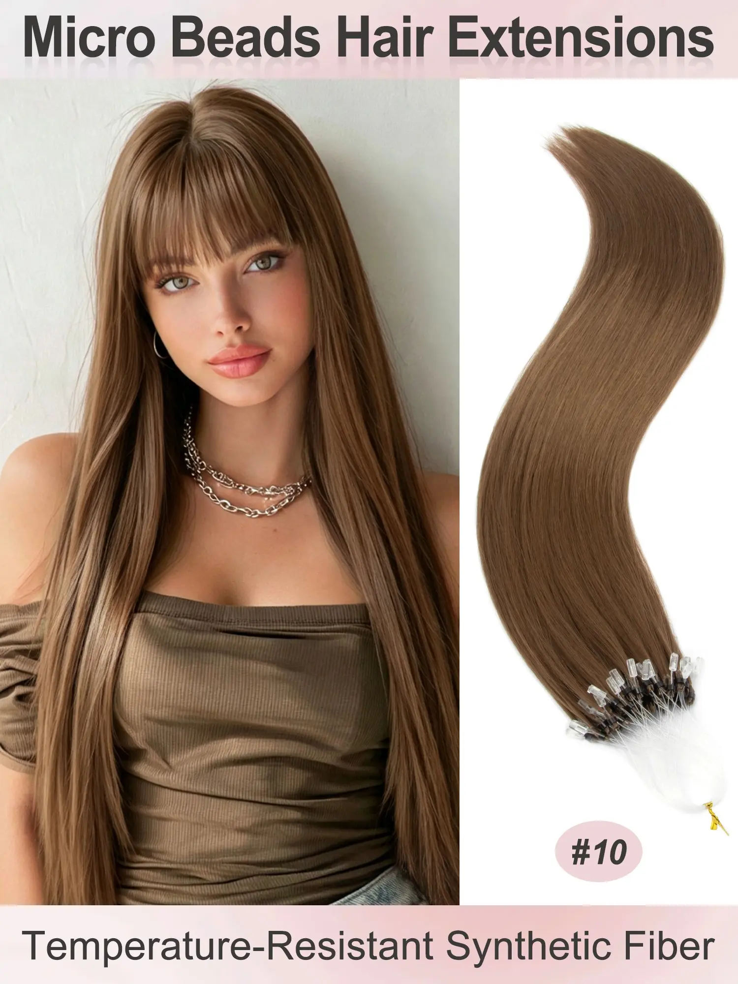 50 Strands Micro Beads Hair Extensions, 20inch Natural Straight Hair, 12 Colors, Add Volume & Length, Synthetic Fiber Hair for Women